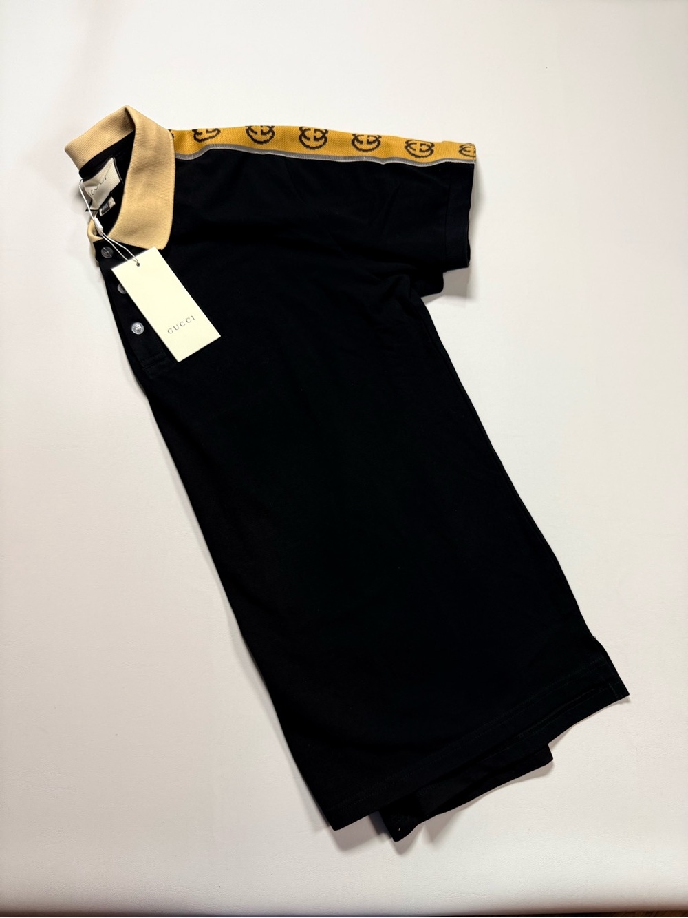 Gucci Black Polo with Tan Collar and Gold Logo Tape